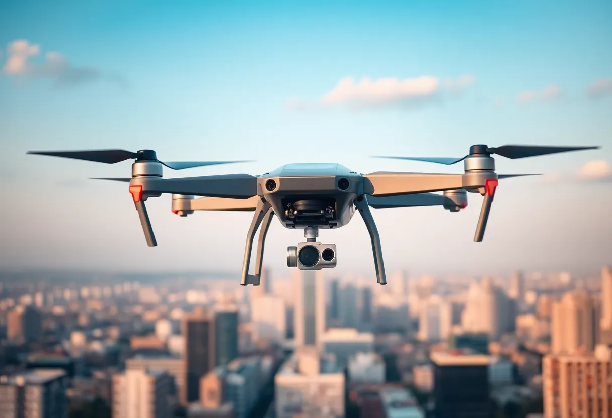 Drone flying over a city for public safety applications