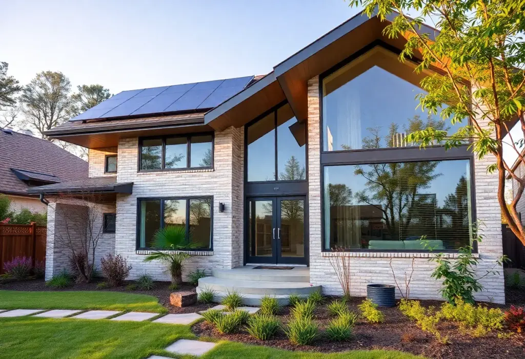 An eco-friendly house in Houston with solar panels and sustainable landscaping.