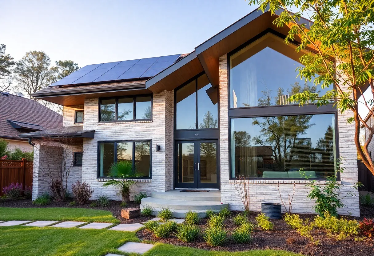 An eco-friendly house in Houston with solar panels and sustainable landscaping.