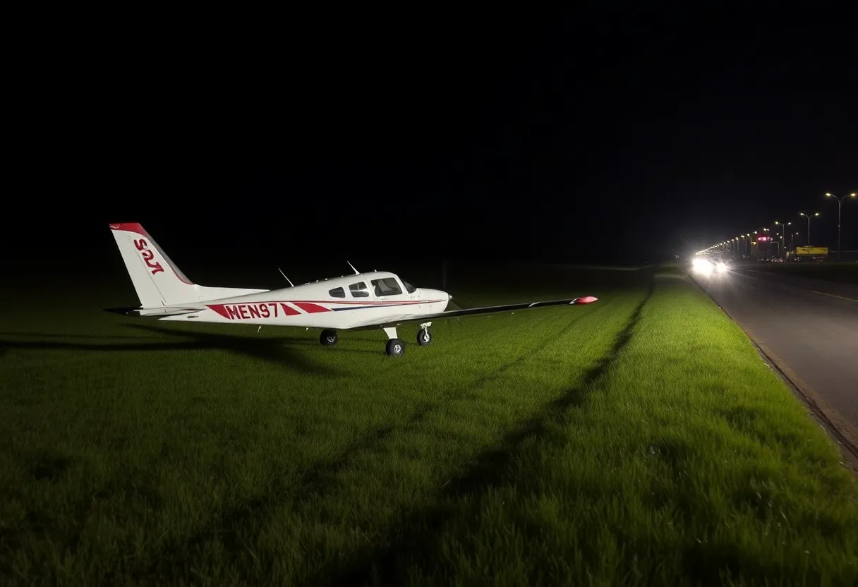 A small plane making an emergency landing in a field beside the Grand Parkway