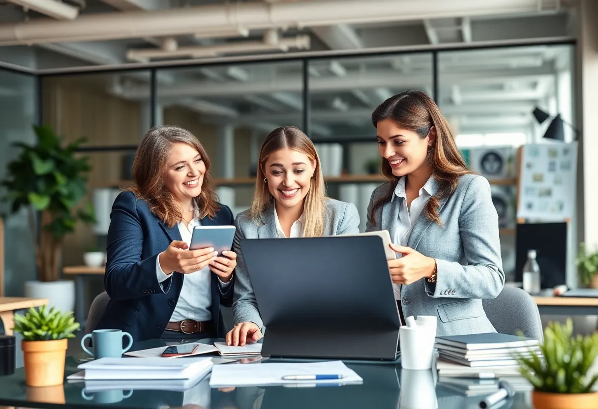 Real estate agents in a modern workspace discussing collaboration and innovation.