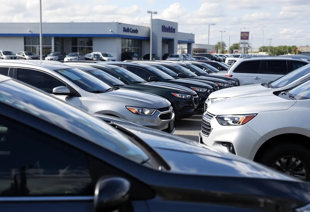Wide view of Everest Motors Inc. used car dealership with various models on display.