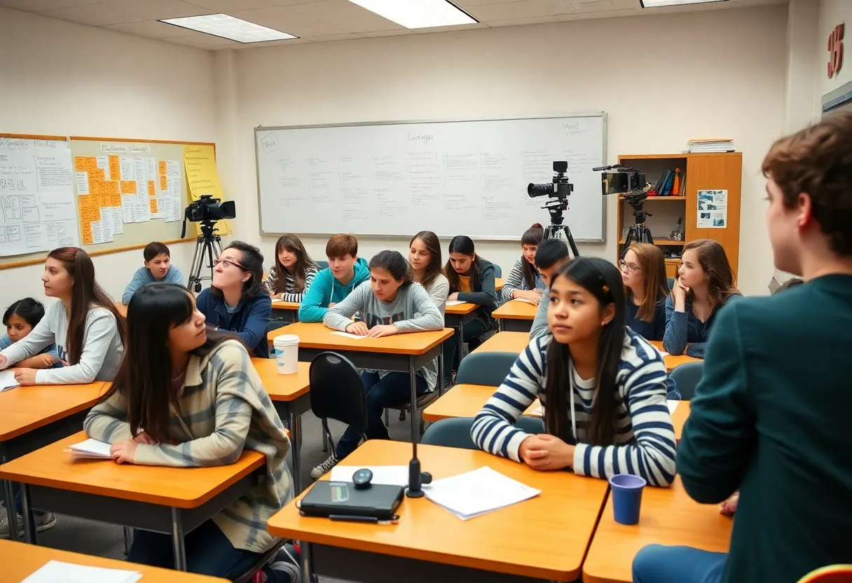 Students collaborating in a film production classroom
