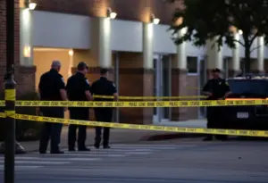 Police officers investigating a bomb threat scene in Fort Worth, Texas