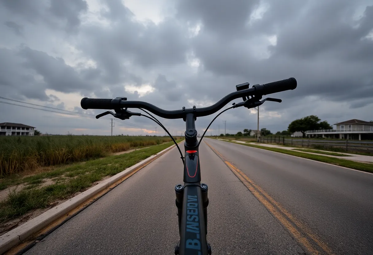 Scenic view of a bicycle on a road in Galveston, emphasizing cyclist safety.