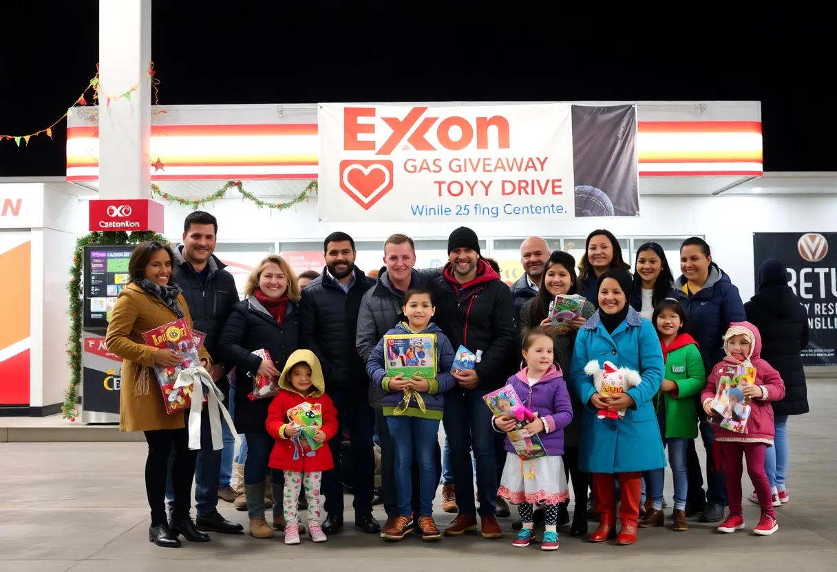 Families at a community event for gas giveaway and toy drive