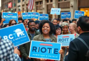 A political rally in Harris County with diverse participants holding Republican signs