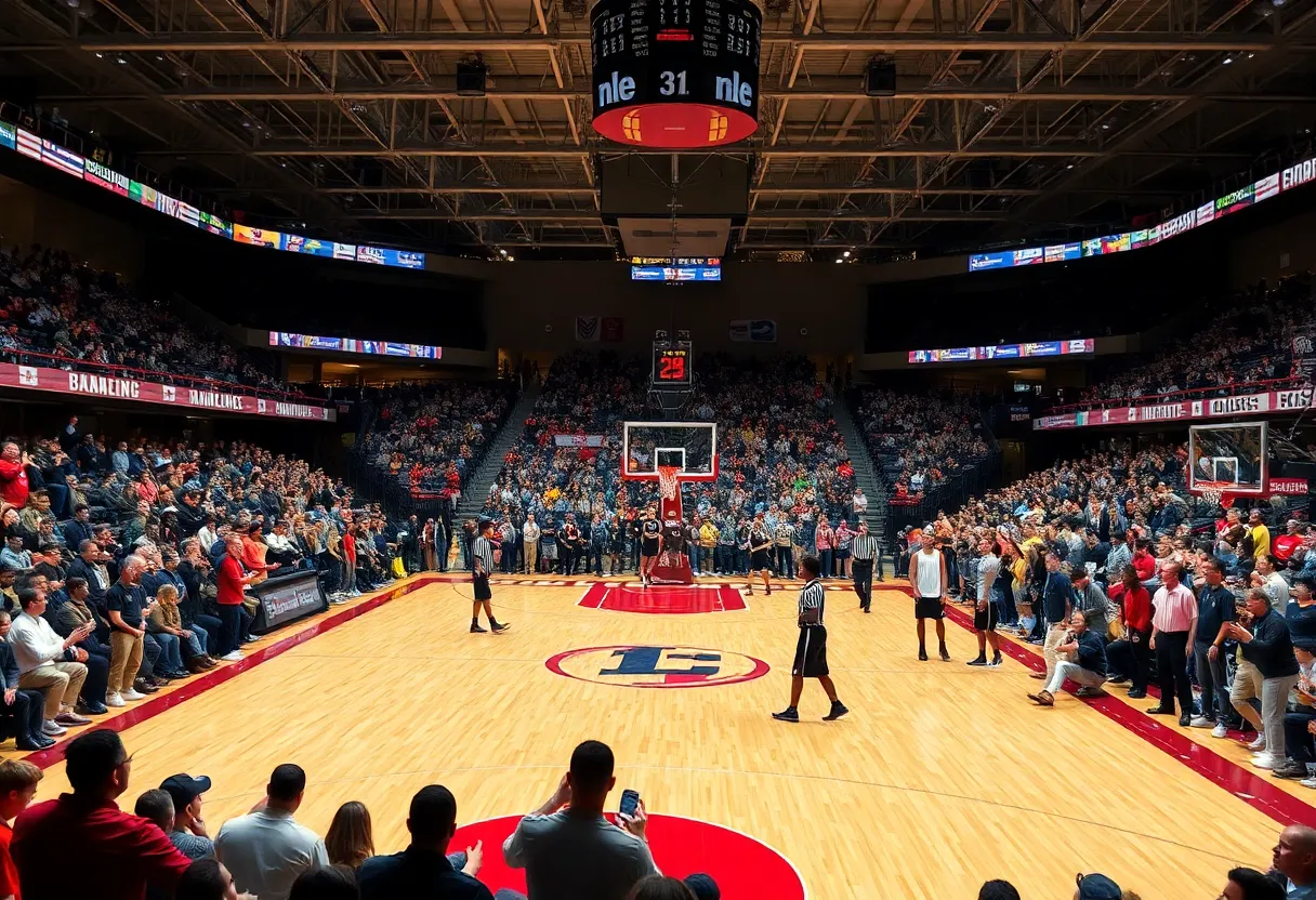 Crowd cheering at a college basketball game