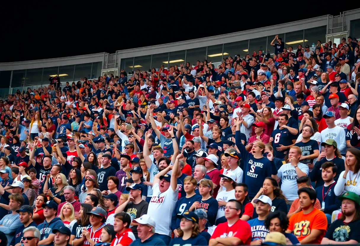 Excited crowd at a college football game supporting their team