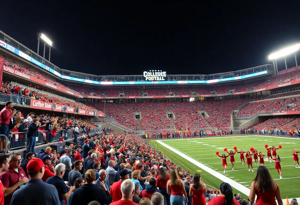 Fans cheering at a college football game