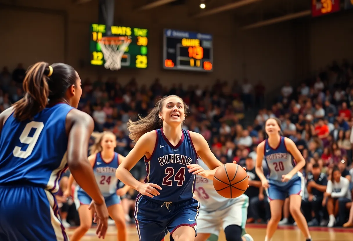 Action shot of women's basketball game with HCU players