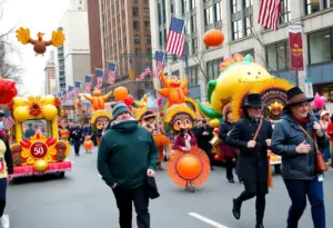 Colorful floats and balloons at the H-E-B Thanksgiving Day Parade in Houston.