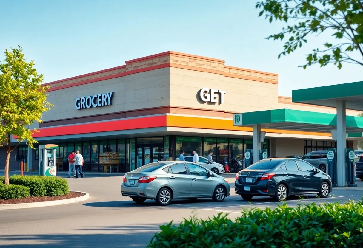 Exterior view of a new H-E-B store with fuel station and car wash