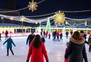 Families ice skating at a holiday rink in Houston, TX
