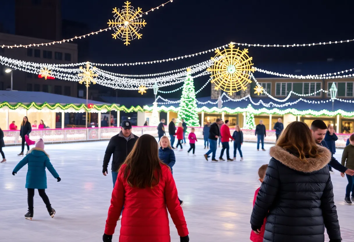 Families ice skating at a holiday rink in Houston, TX