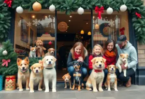 Puppies and kittens in a festive display at Neiman Marcus