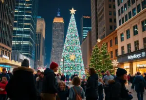 A vibrant holiday scene in downtown Houston with festive lights and a large Christmas tree.