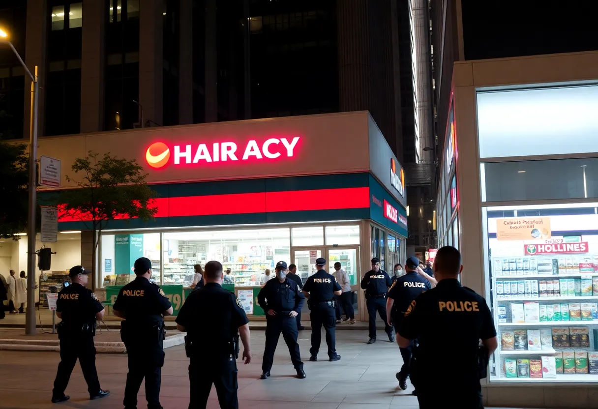 Scene of the CVS Pharmacy in downtown Houston after an officer was stabbed.