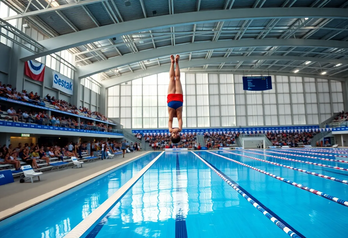 Diver performing a dive during a competition at the swimming pool.