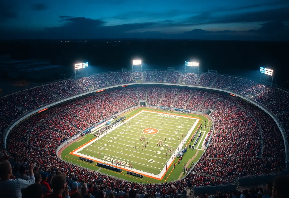 Packed stadium with fans cheering during Houston high school football playoffs