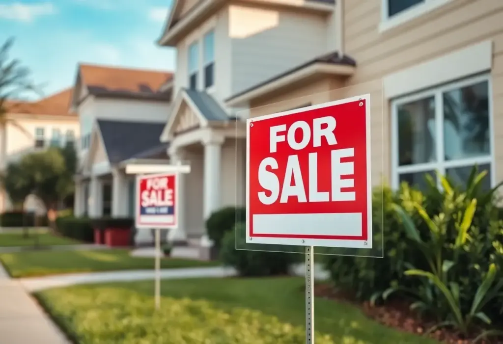 A view of a Houston neighborhood with real estate signs indicating homes for sale using flat fee MLS services.