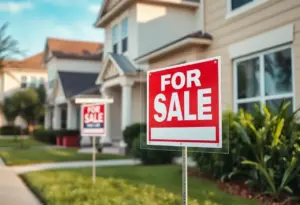 A view of a Houston neighborhood with real estate signs indicating homes for sale using flat fee MLS services.