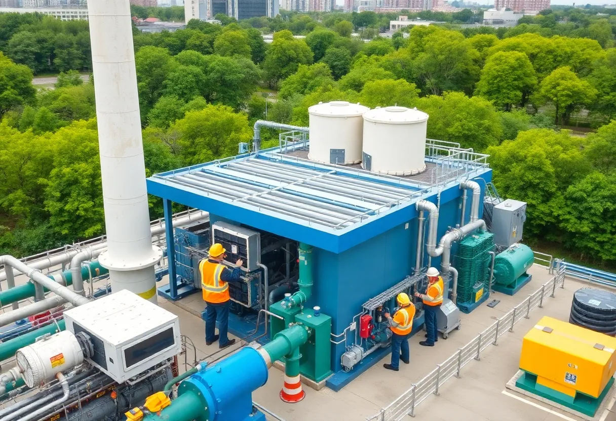 Construction site of a natural gas power plant in Houston with equipment and workers
