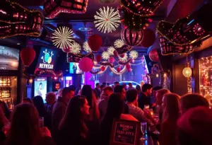 People enjoying a lively bar crawl in Houston on New Year's Eve