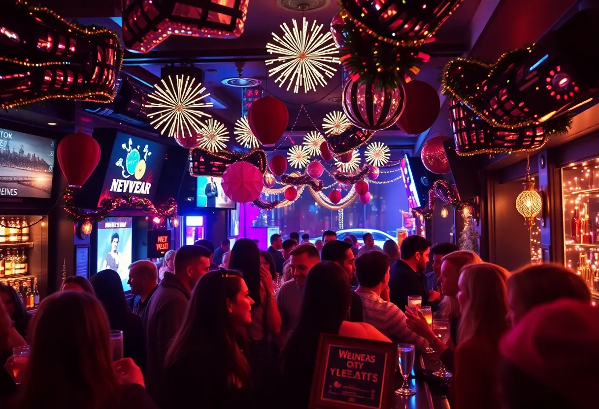 People enjoying a lively bar crawl in Houston on New Year's Eve