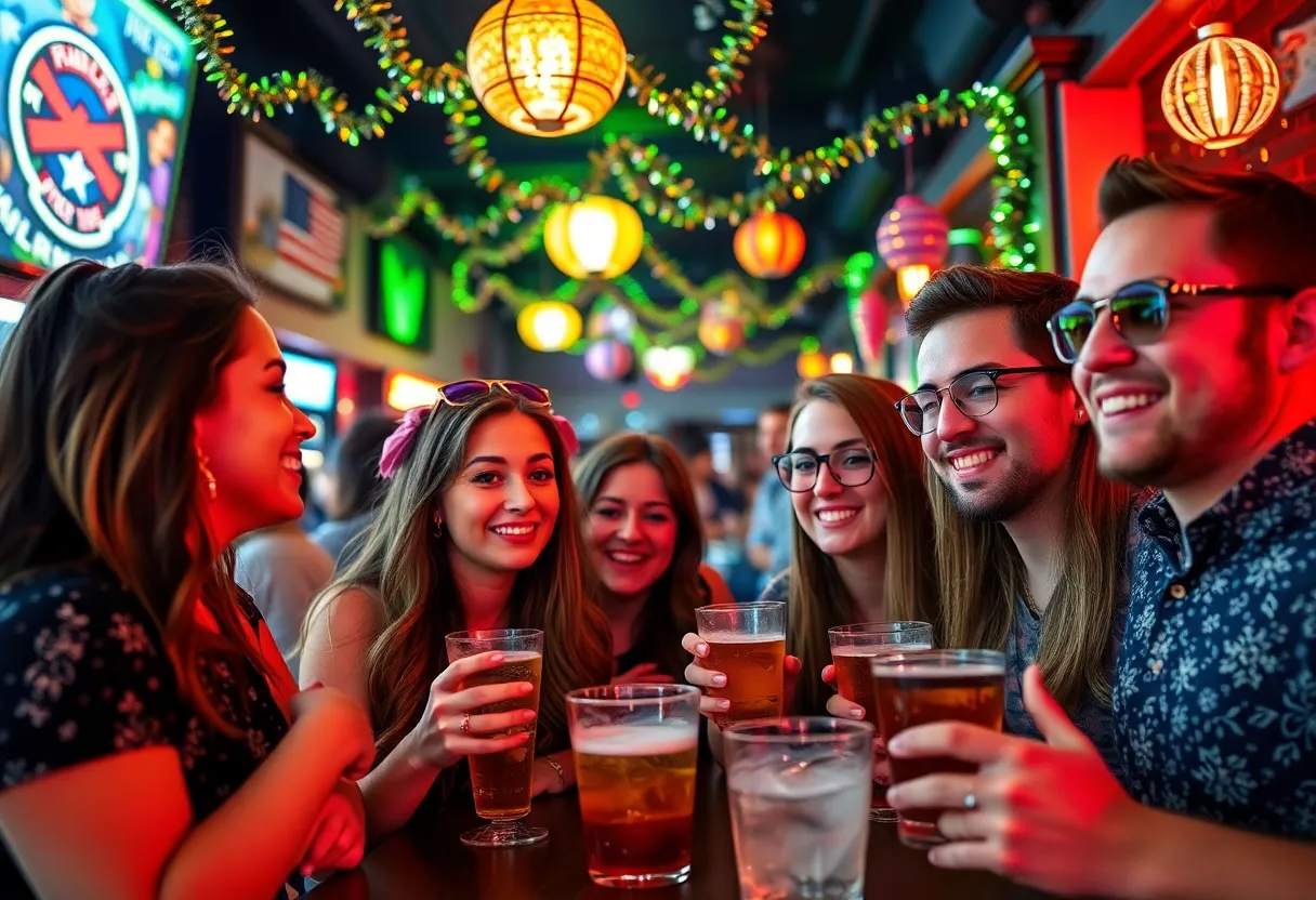 Friends celebrating during Houston New Year's Eve Bar Crawl with drinks