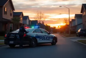 Police car at a suburban scene during sunset