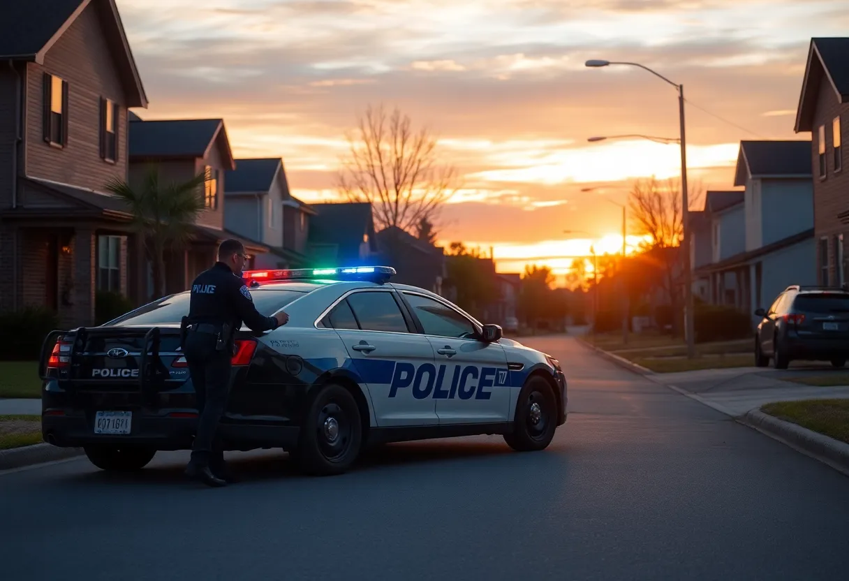 Police car at a suburban scene during sunset