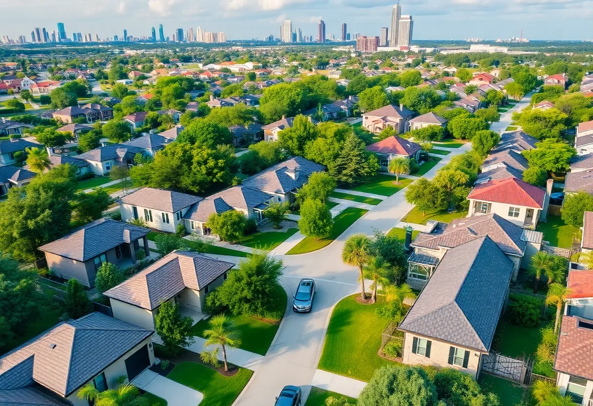 Aerial view of a growing residential area in Houston with new houses and greenery.