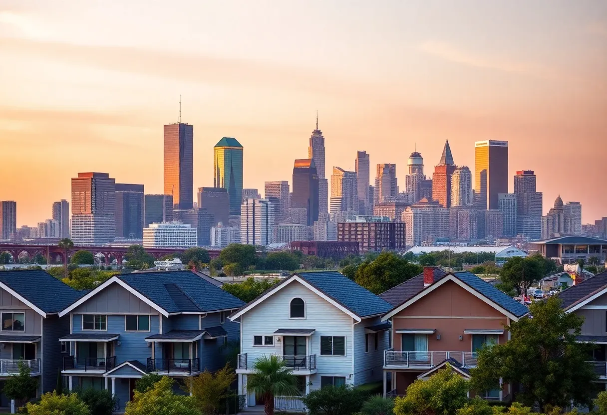 Aerial view of Houston showing modern homes and city skyline.