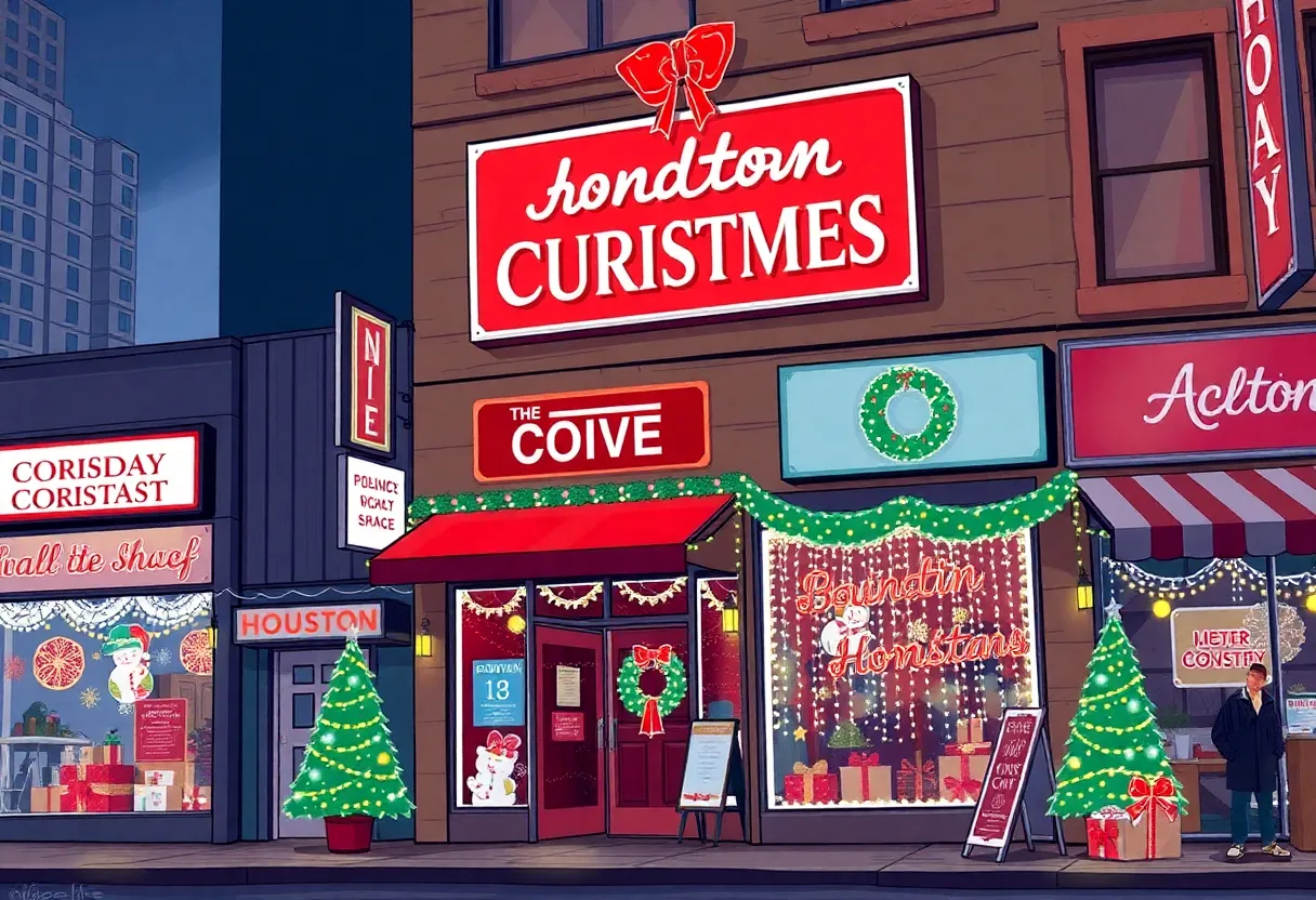 Festively decorated small businesses in Houston during the holiday season.