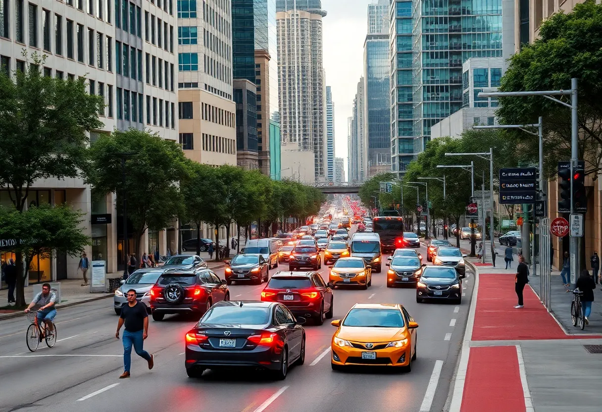 Busy street in Houston highlighting traffic and pedestrians
