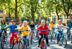 Children riding new bicycles at Scroggins Elementary School