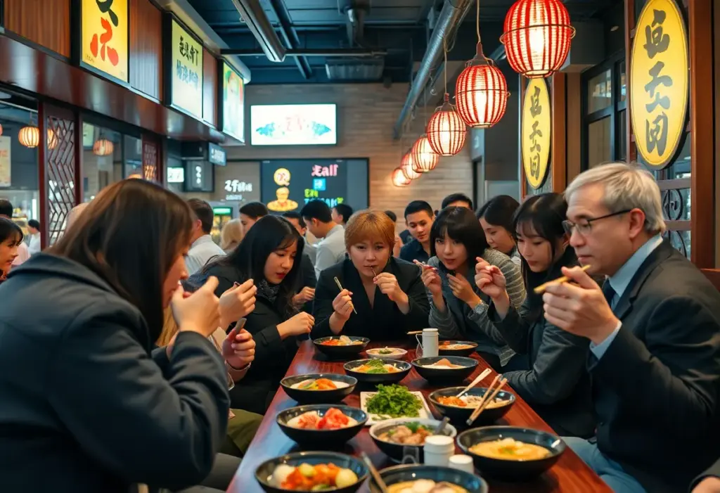 Attendees enjoying sushi and ramen at a Japanese restaurant meet-and-greet in Houston