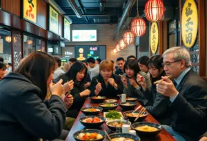 Attendees enjoying sushi and ramen at a Japanese restaurant meet-and-greet in Houston
