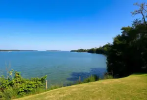 Scenic view of Lake Ray Hubbard surrounded by greenery