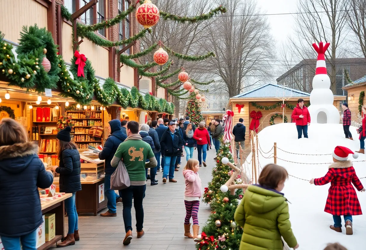 Families enjoying the Langham Creek YMCA Holiday Market with vendors and festive activities.