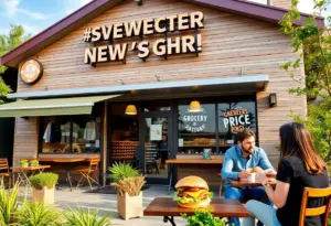 Exterior of Lankford's Grocery in The Woodlands with patrons enjoying food.