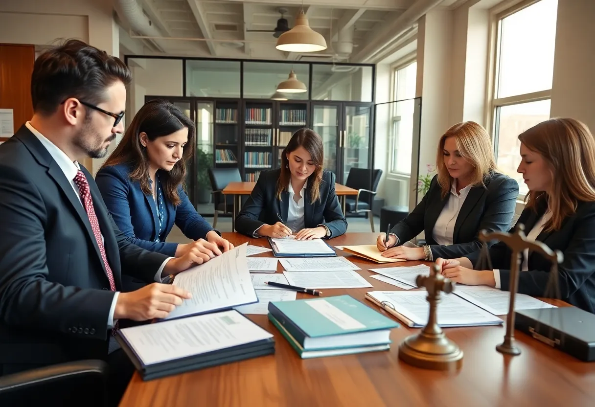 Law office setting with attorneys discussing cases