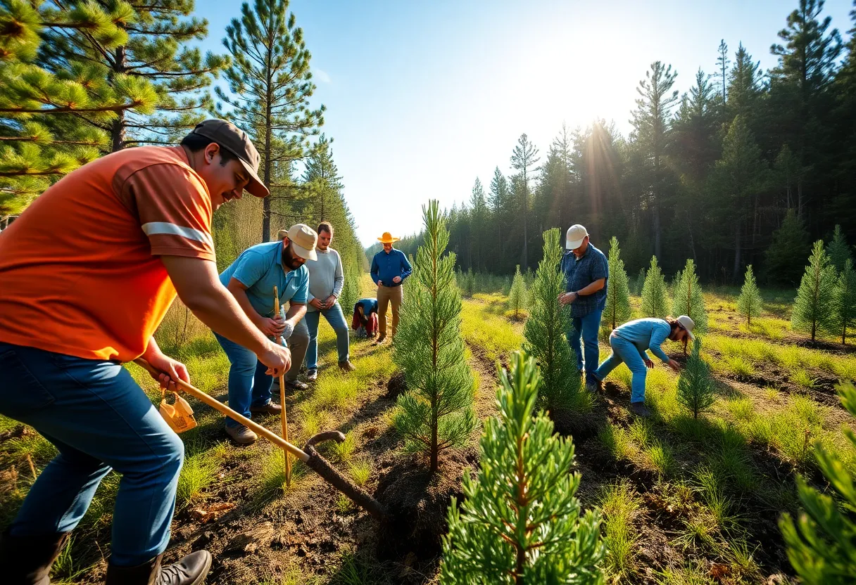 Volunteers planting longleaf pine trees at Big Thicket National Preserve