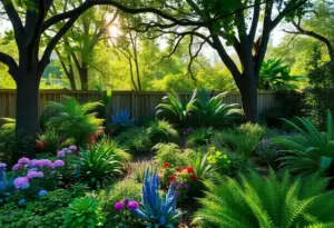 Beautiful shade garden in Houston with diverse plants and trees.