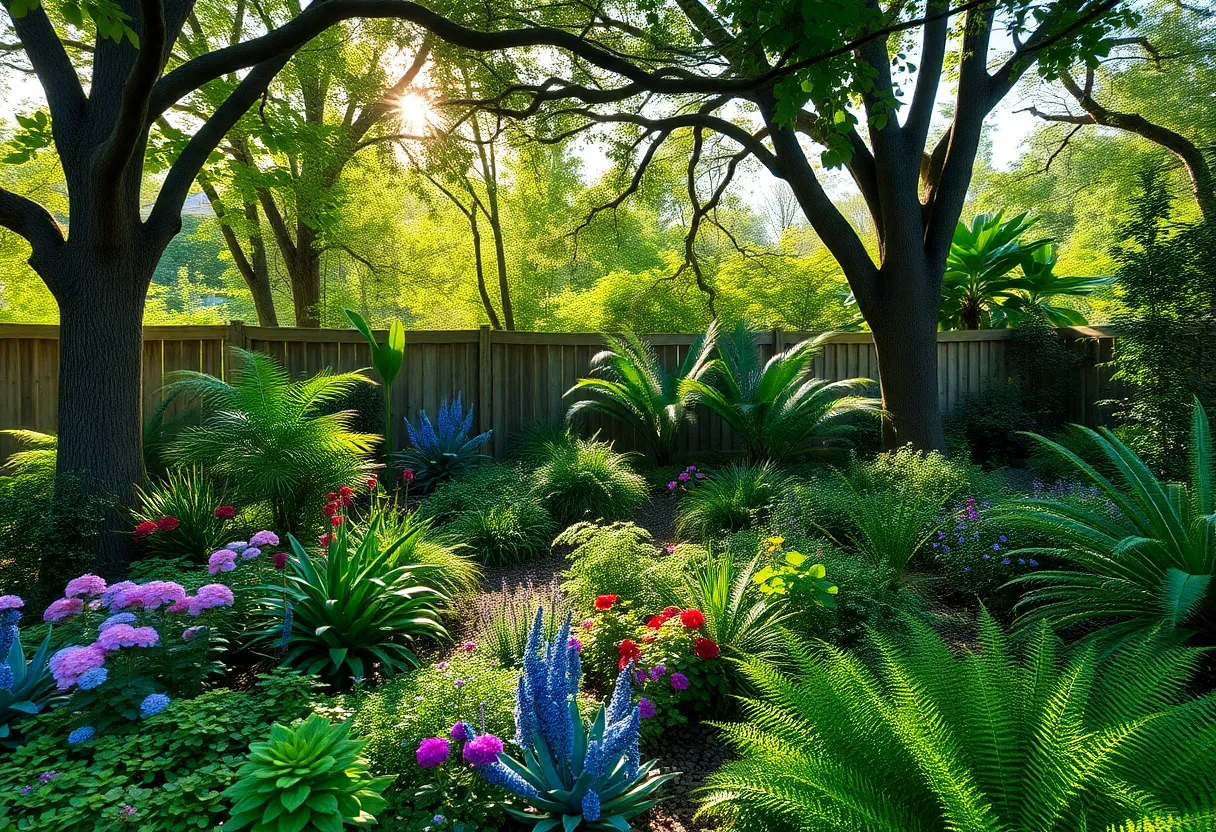 Beautiful shade garden in Houston with diverse plants and trees.