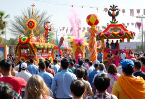 Scene from Macy's Thanksgiving Day Parade with festive decorations and crowd