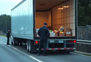 Authorities inspecting a refrigerated tractor-trailer where migrants were found.