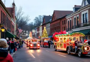 A vibrant Christmas parade in Montgomery with festive floats and decorations
