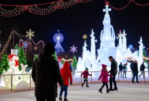 Families enjoying the Holiday in the Gardens Festival at Moody Gardens with ice sculptures and lights.